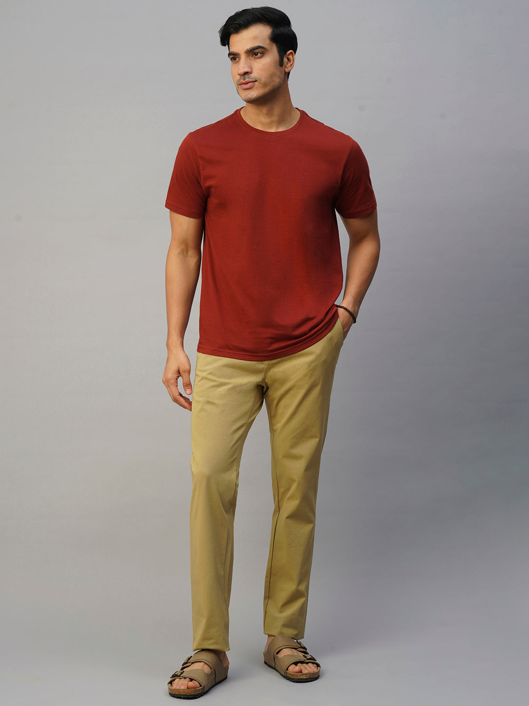 Men's Khaki Cotton Elastane Slim Fit Pant