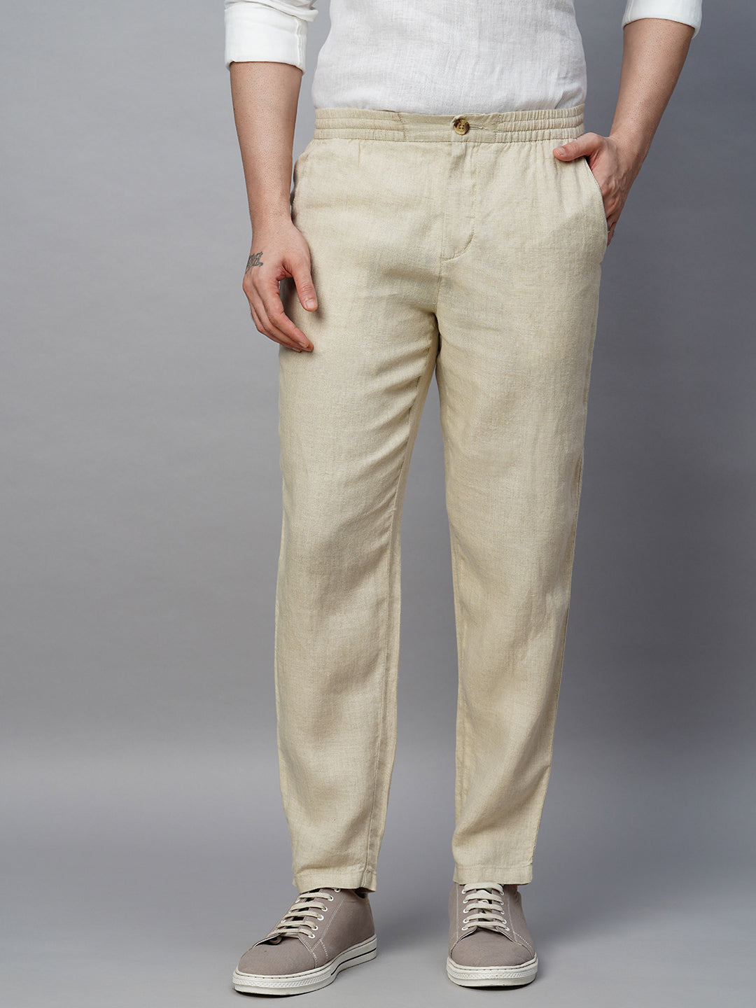 Men's 100% Linen Natural Slim Fit Drawstring Pant