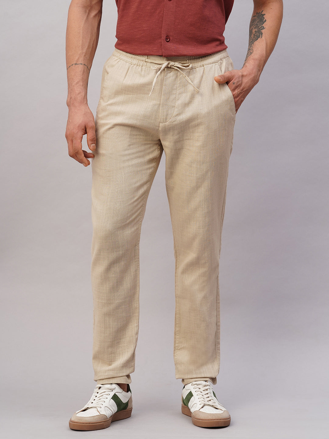 Men's Khaki Cotton Regular Fit Pant