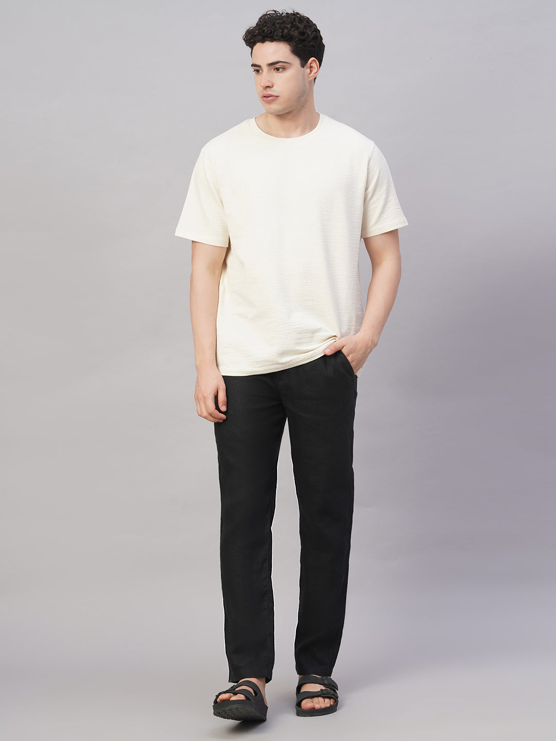 Men's Black 100% Linen Regular Fit Pant