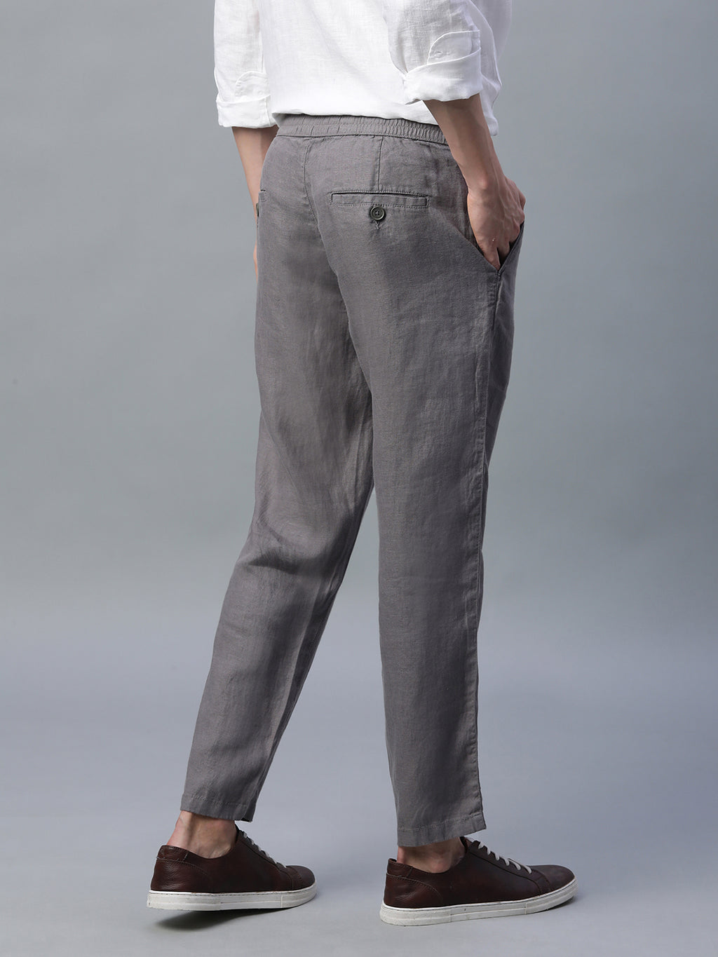Men's Grey 100% Linen Regular Fit Pant