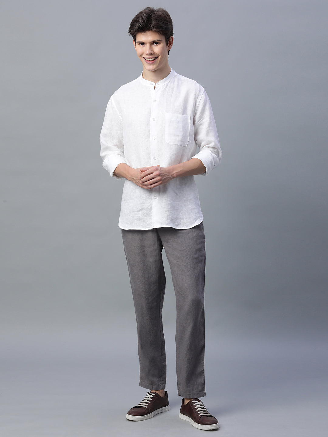 Men's Grey 100% Linen Regular Fit Pant