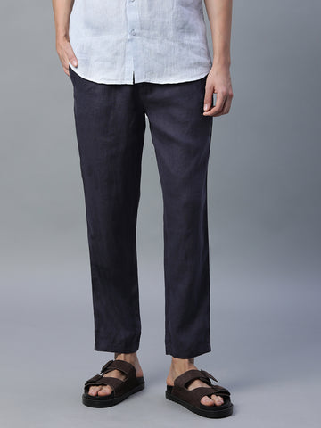 Men's Navy 100% Linen Regular Fit Pant