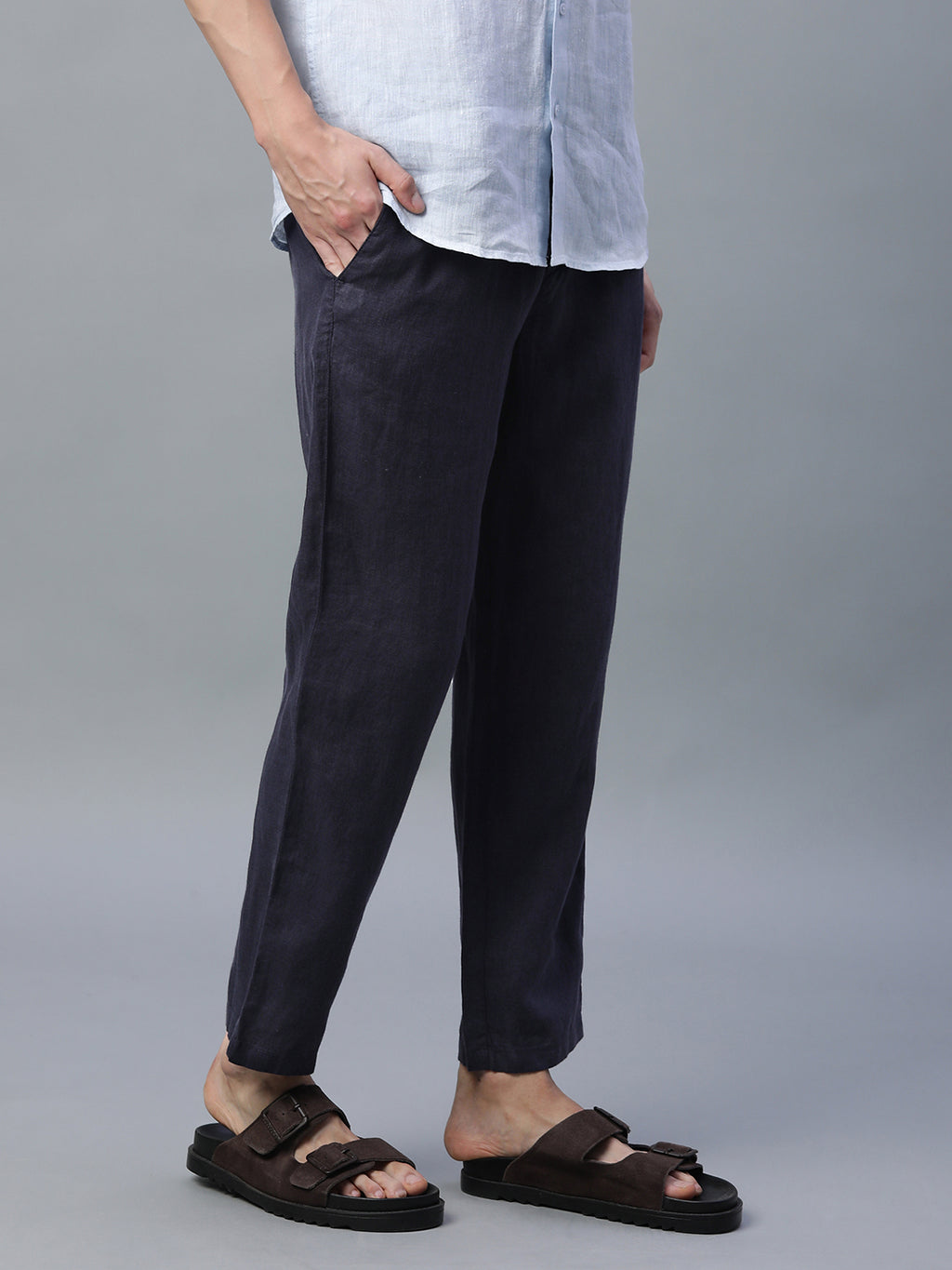 Men's Navy 100% Linen Regular Fit Pant