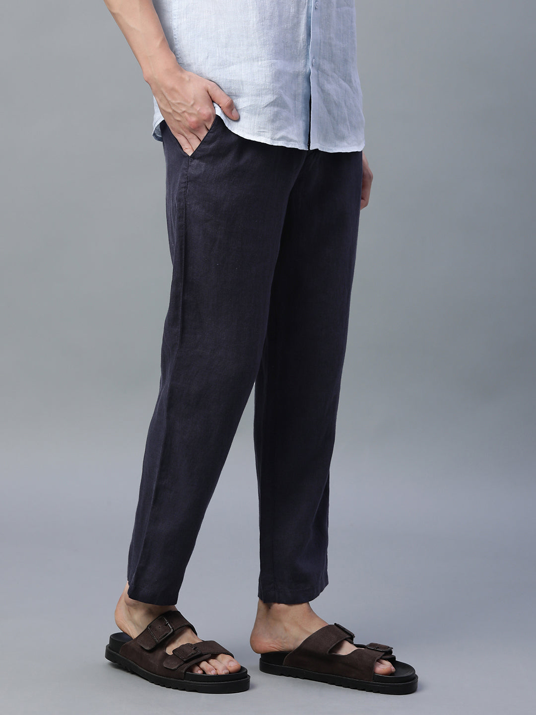 Men's Navy 100% Linen Regular Fit Pant