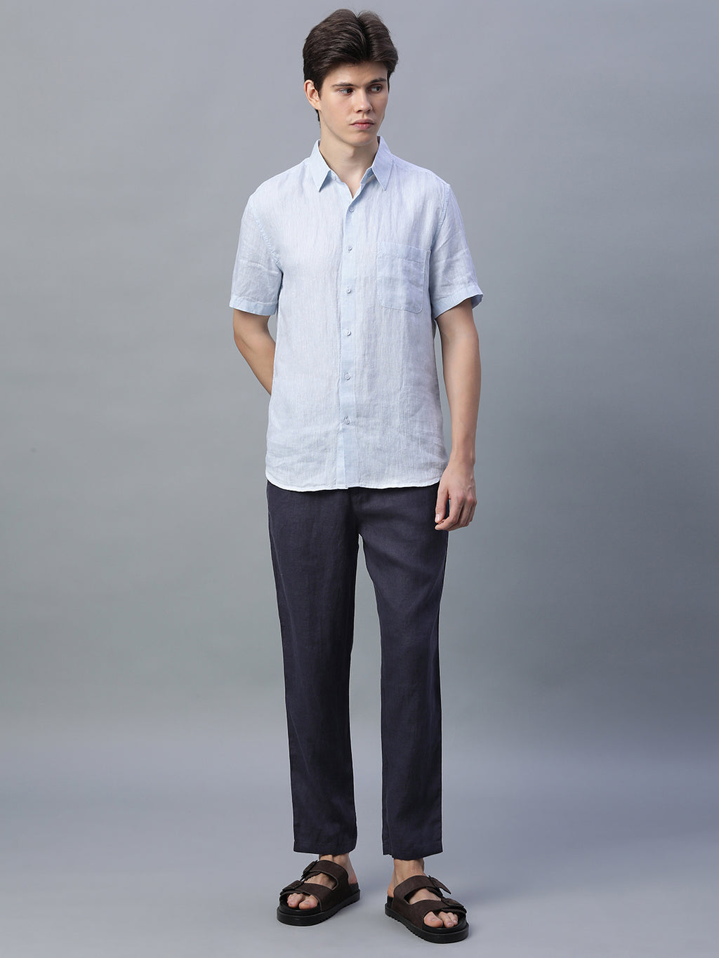 Men's Navy 100% Linen Regular Fit Pant