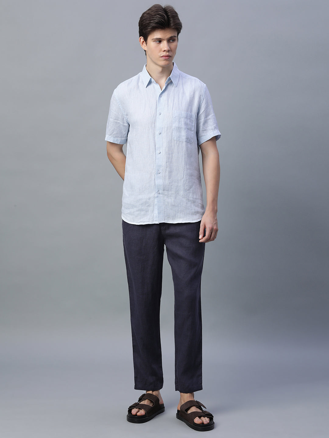 Men's Navy 100% Linen Regular Fit Pant