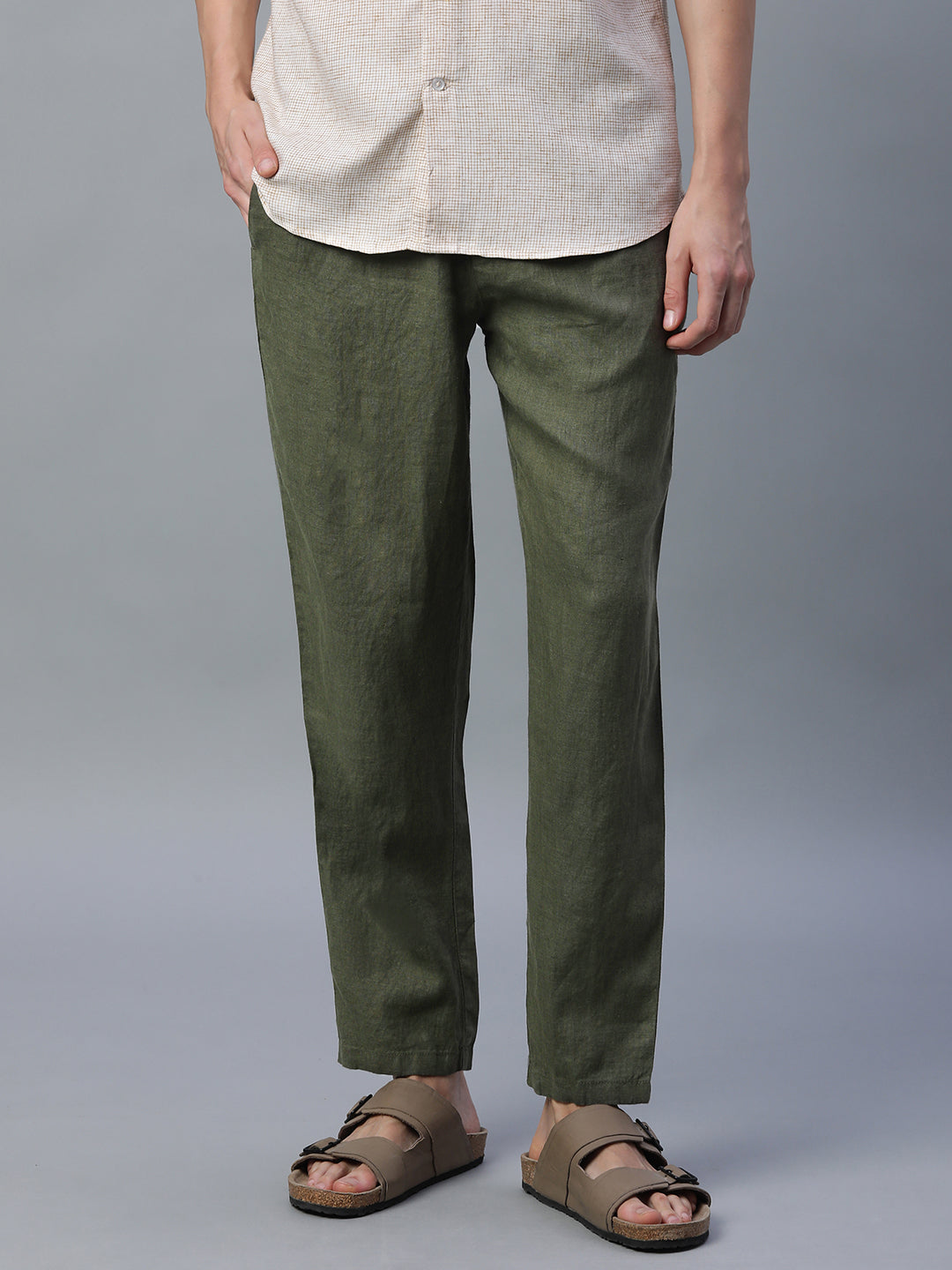 Men's Olive 100% Linen Regular Fit Pant