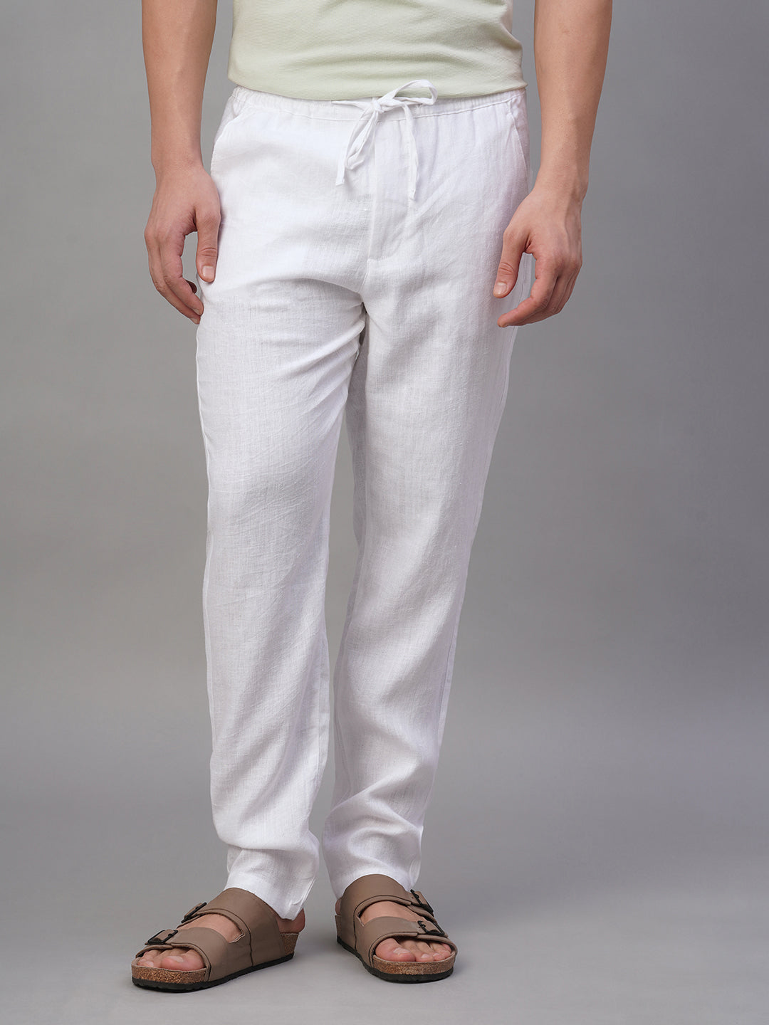 Men's White 100% Linen Regular Fit Pant