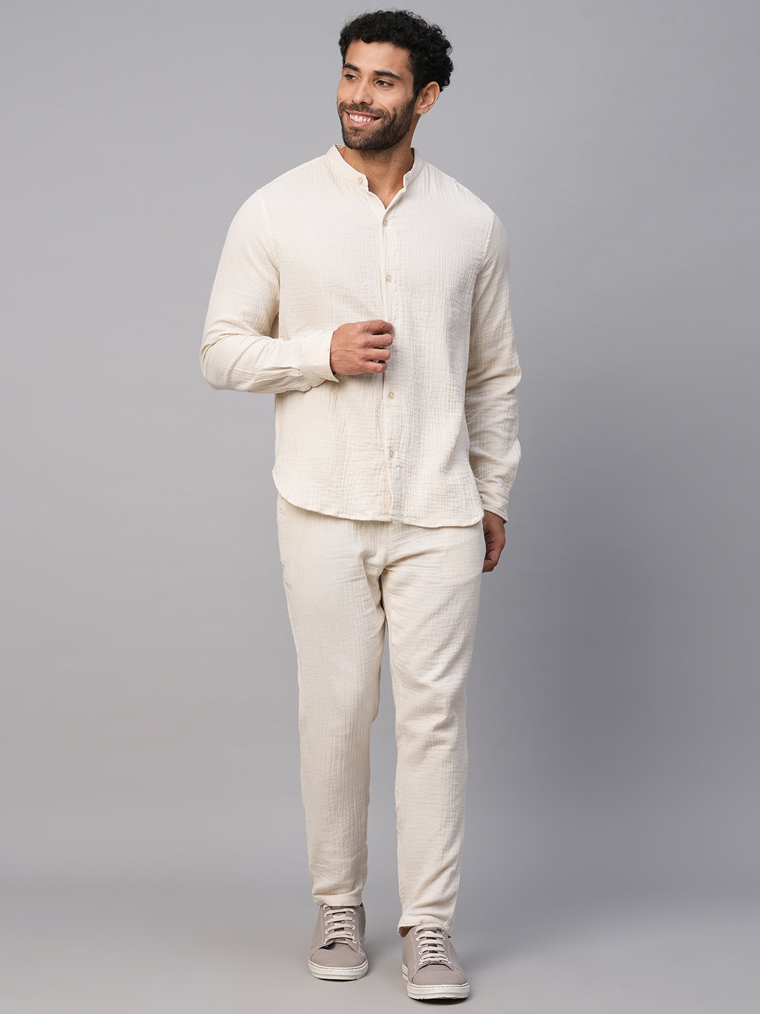 Buy White Cotton Shirt and Off-White Pant Co-ord Set Online at