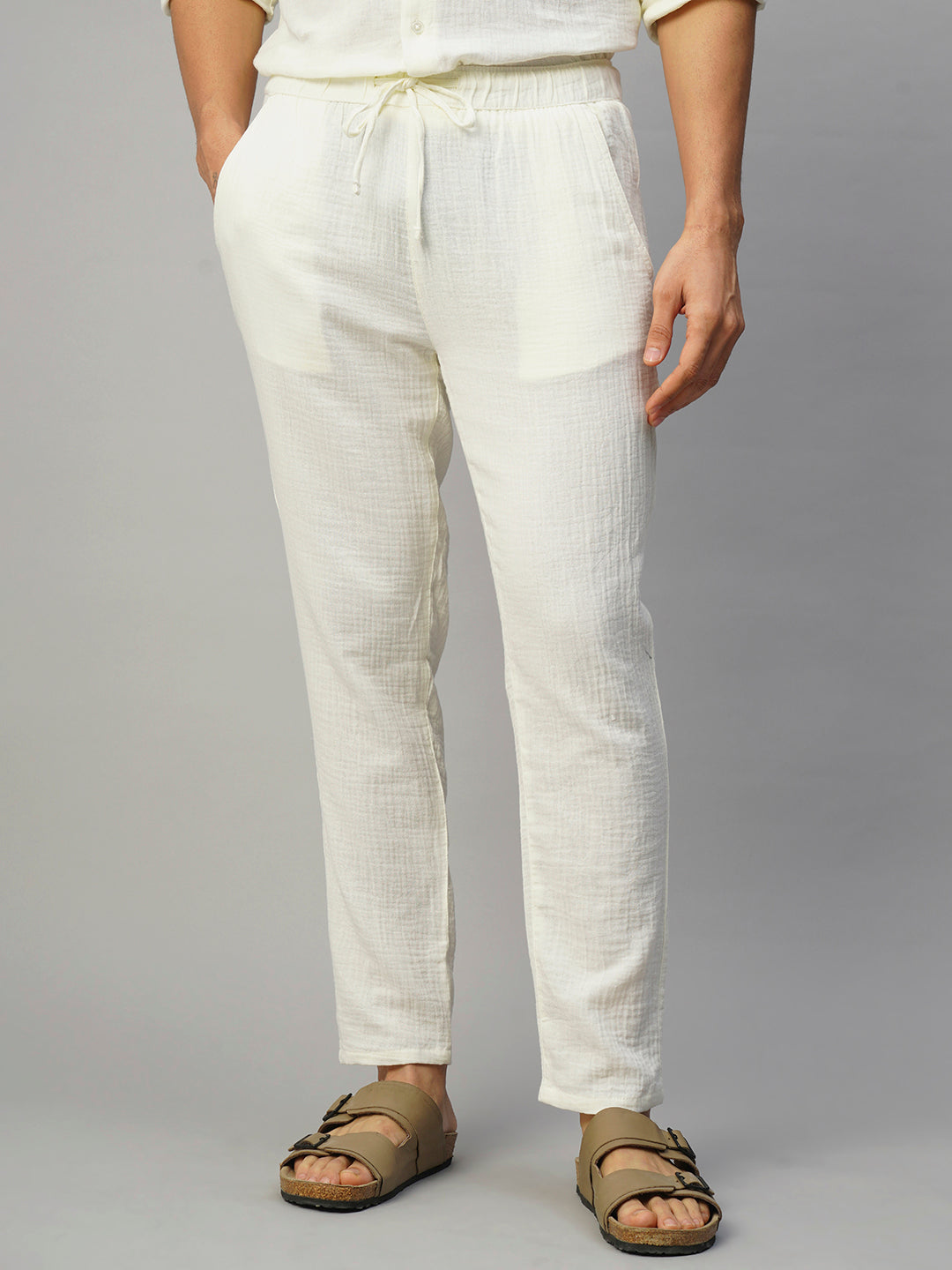 Men's White 100% Cotton Slim Fit Pant