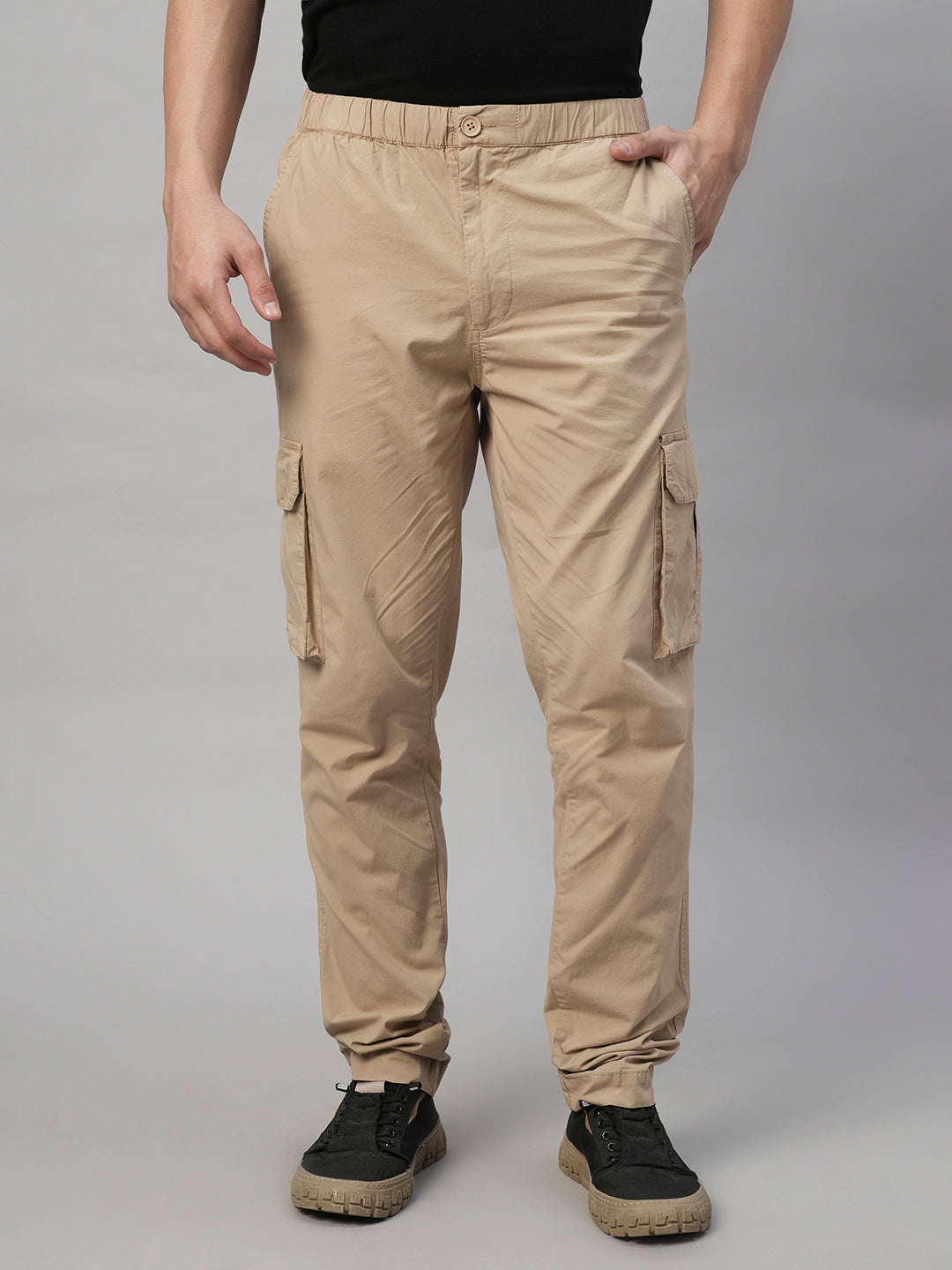 Men's Khaki Cotton Lycra Regular Fit Pant