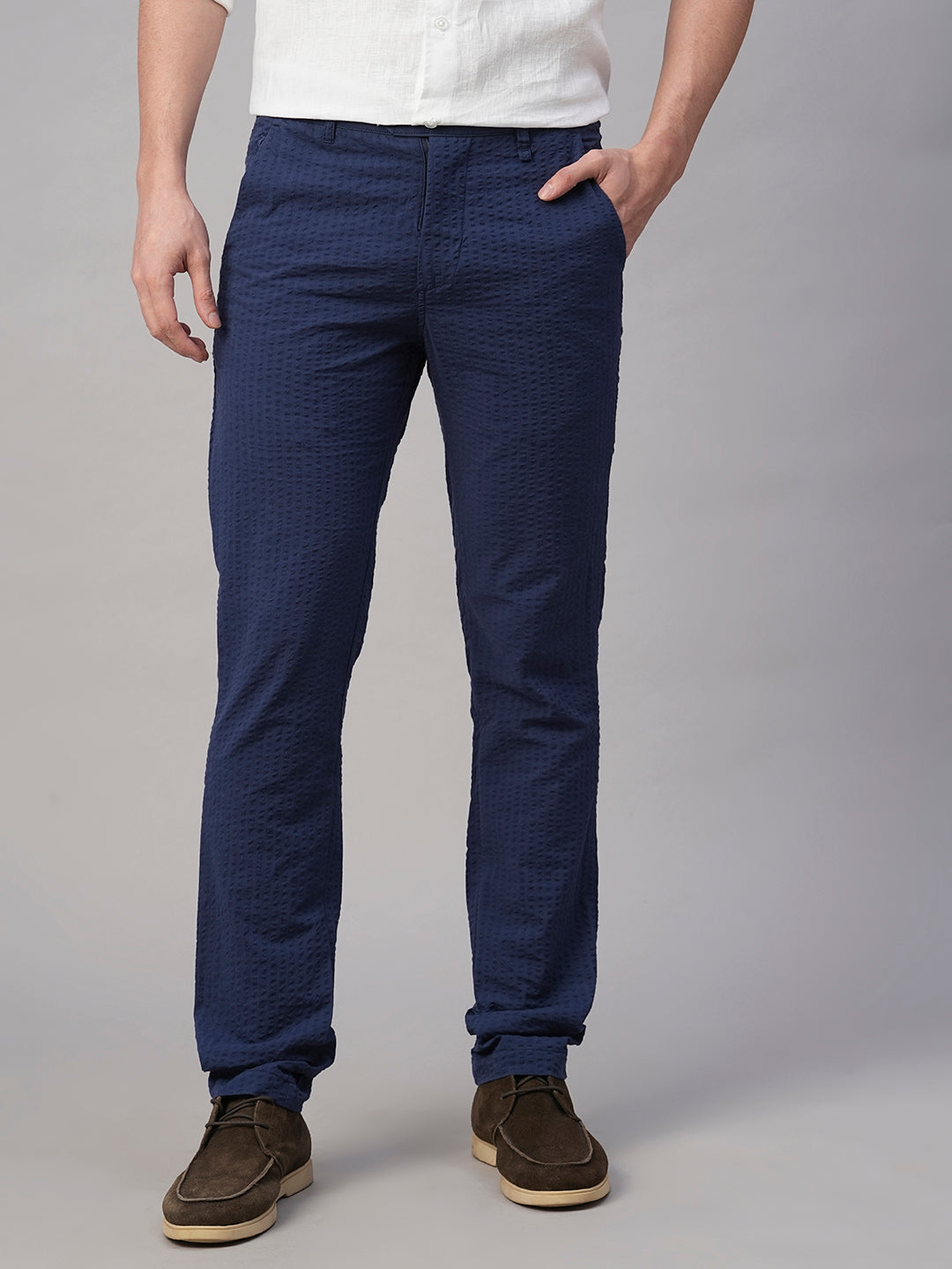 Men's 100% Cotton Seer Sucker Navy Slim Fit Pants