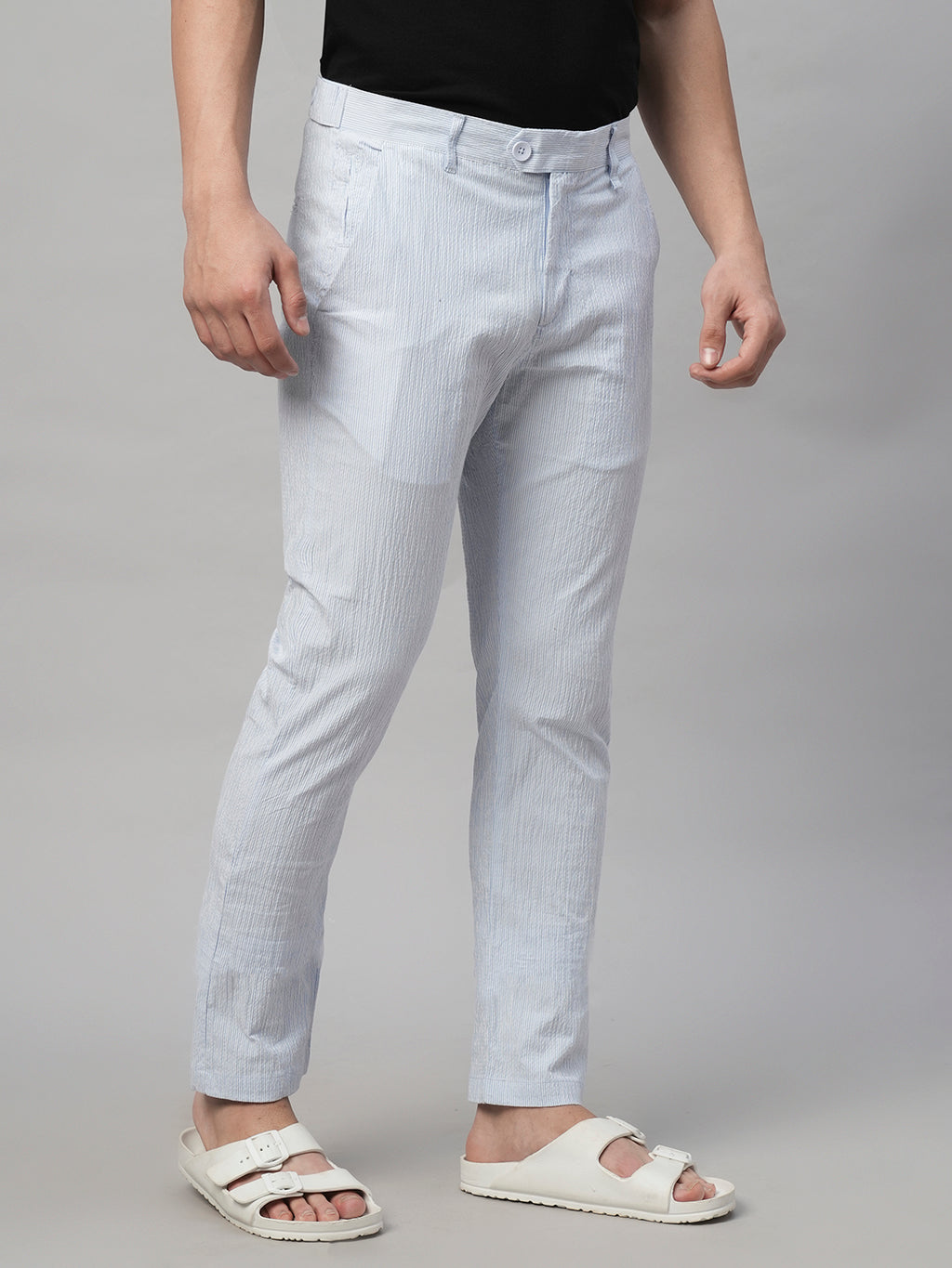 Men's 100% Cotton Seer Sucker Sky Blue Slim Fit Pants