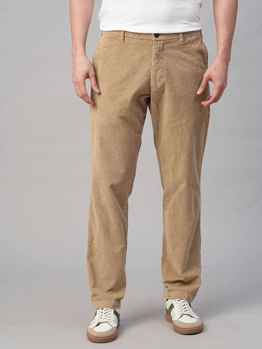 Men's Khaki Cotton Lycra Regular Fit Pant