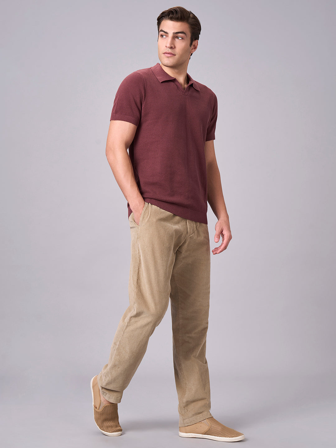 Men's Khaki Cotton Lycra Regular Fit Pant