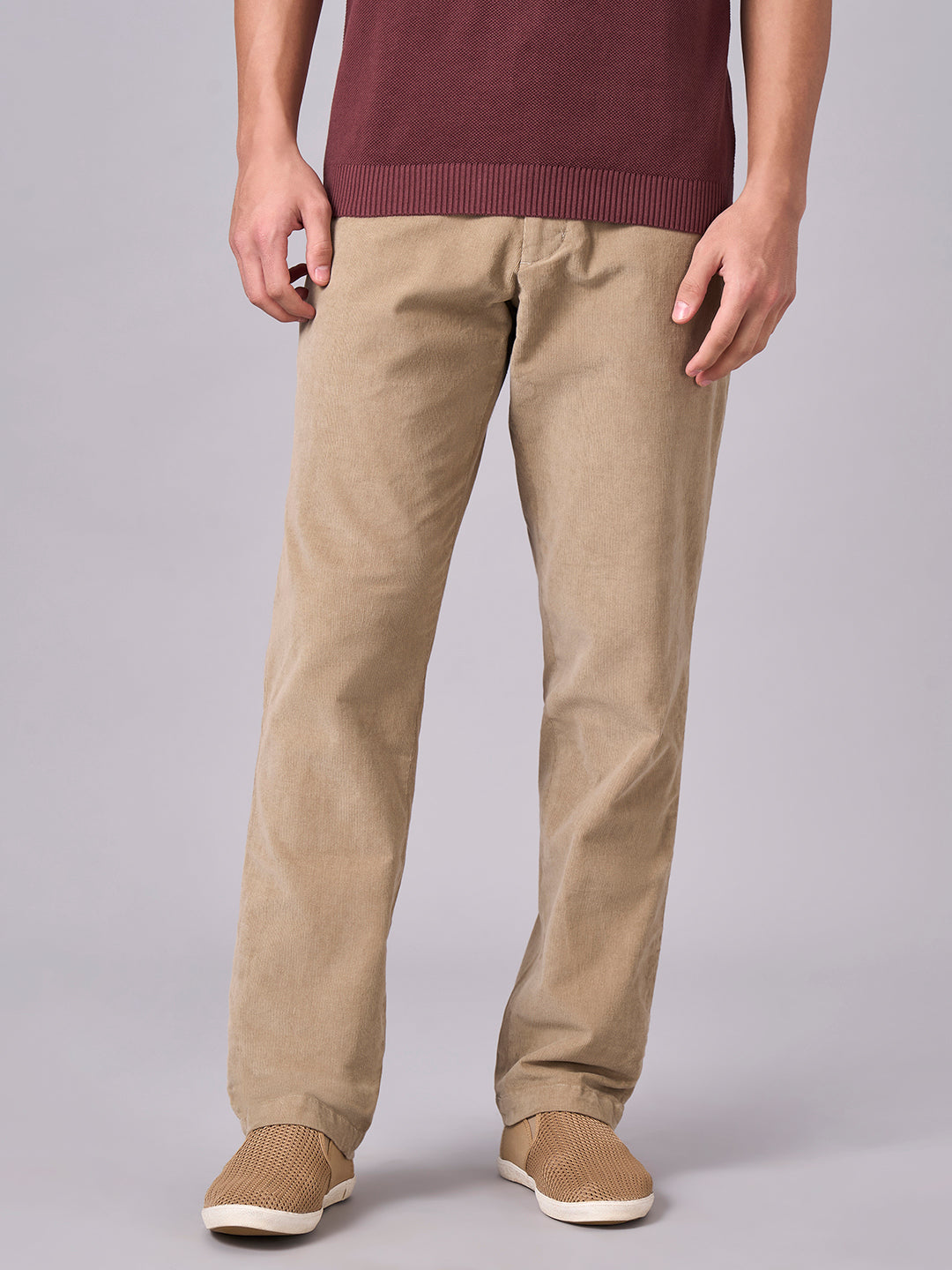 Men's Khaki Cotton Lycra Regular Fit Pant