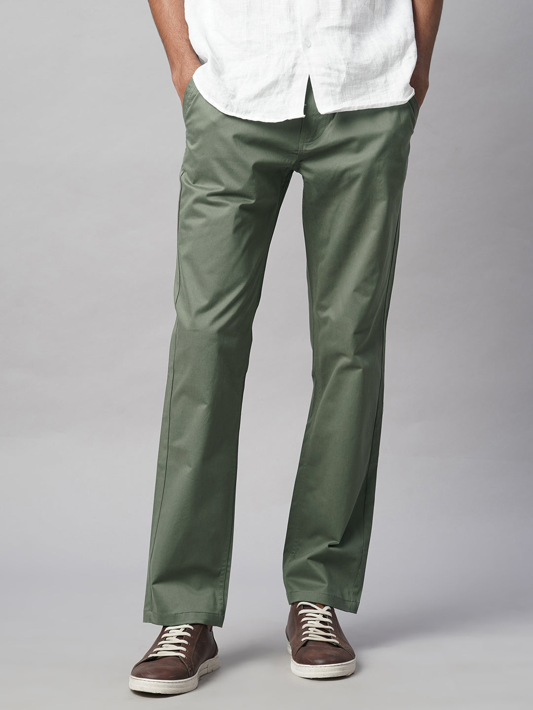 Men's Lt.Olive Cotton Lycra Regular Fit Pant