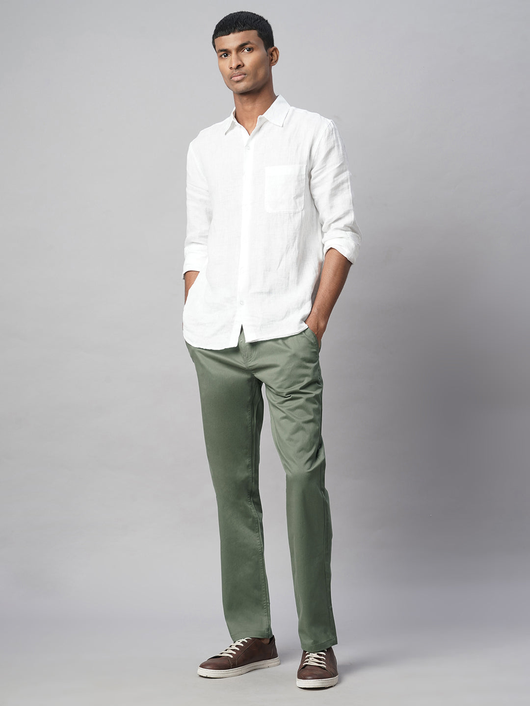 Men's Lt.Olive Cotton Lycra Regular Fit Pant