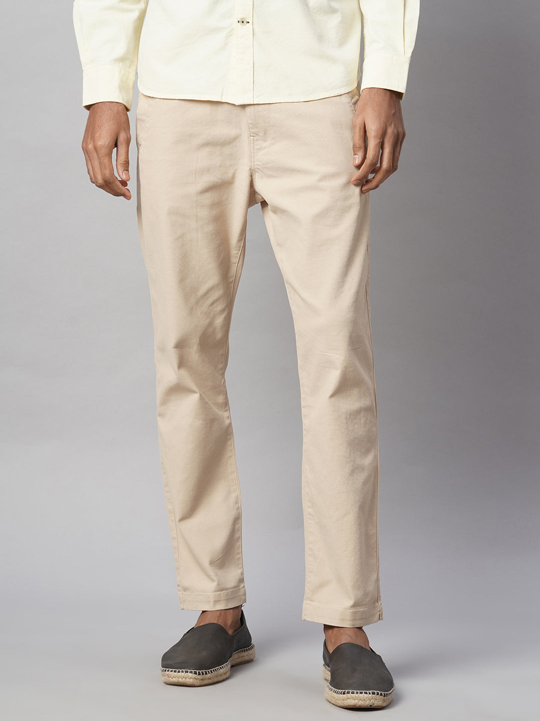 Men's Beige Cotton Lycra Slim Fit Pant
