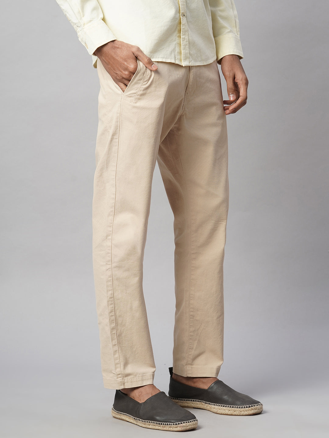 Men's Beige Cotton Lycra Slim Fit Pant