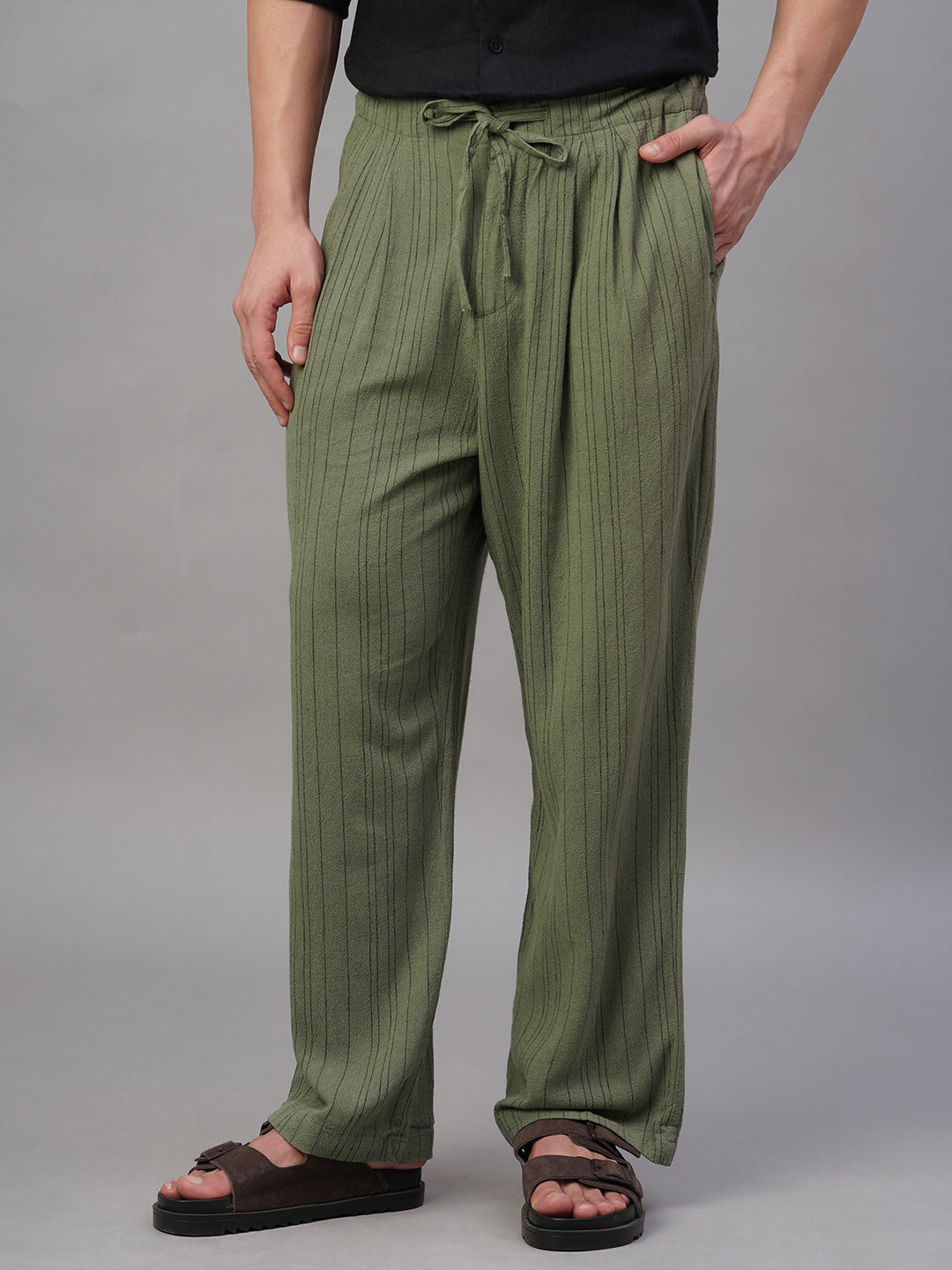 Men's Green Linen Viscose Loose Fit Pant