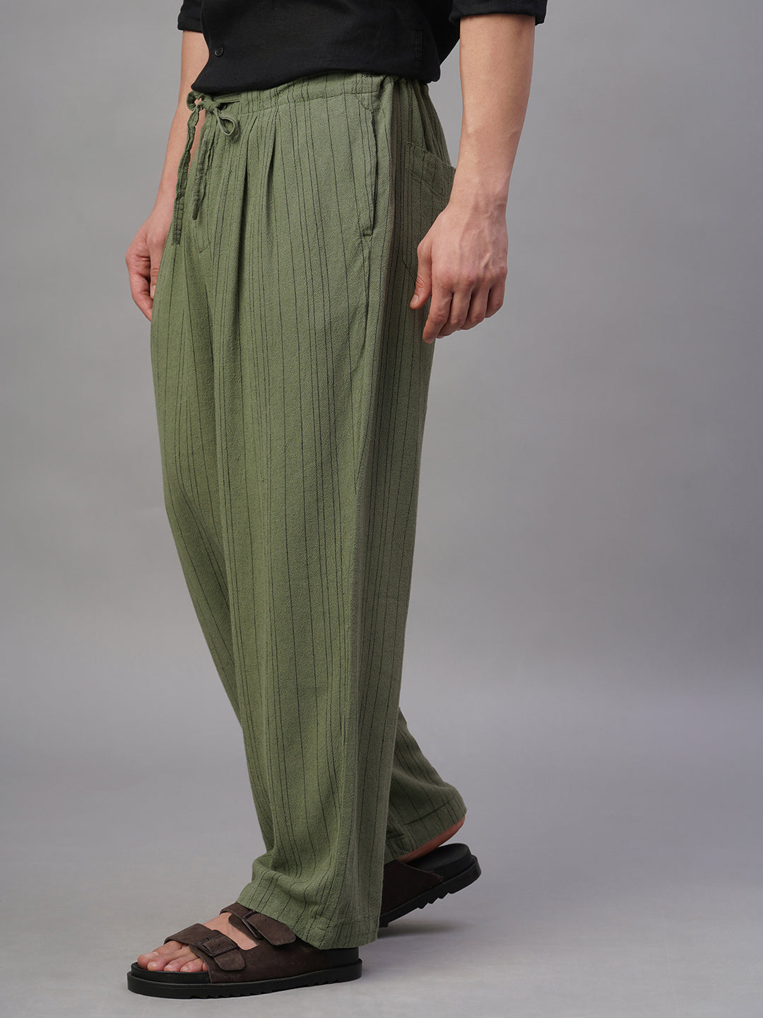 Men's Green Linen Viscose Loose Fit Pant