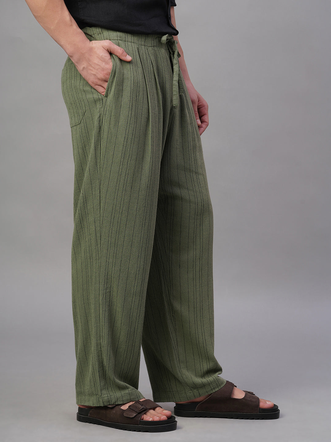 Men's Green Linen Viscose Loose Fit Pant