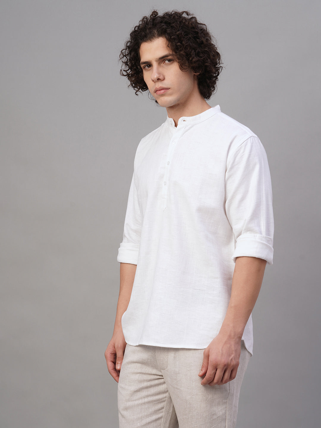 Men's White Cotton Linen Lyocell Regular Fit Kurta Shirt