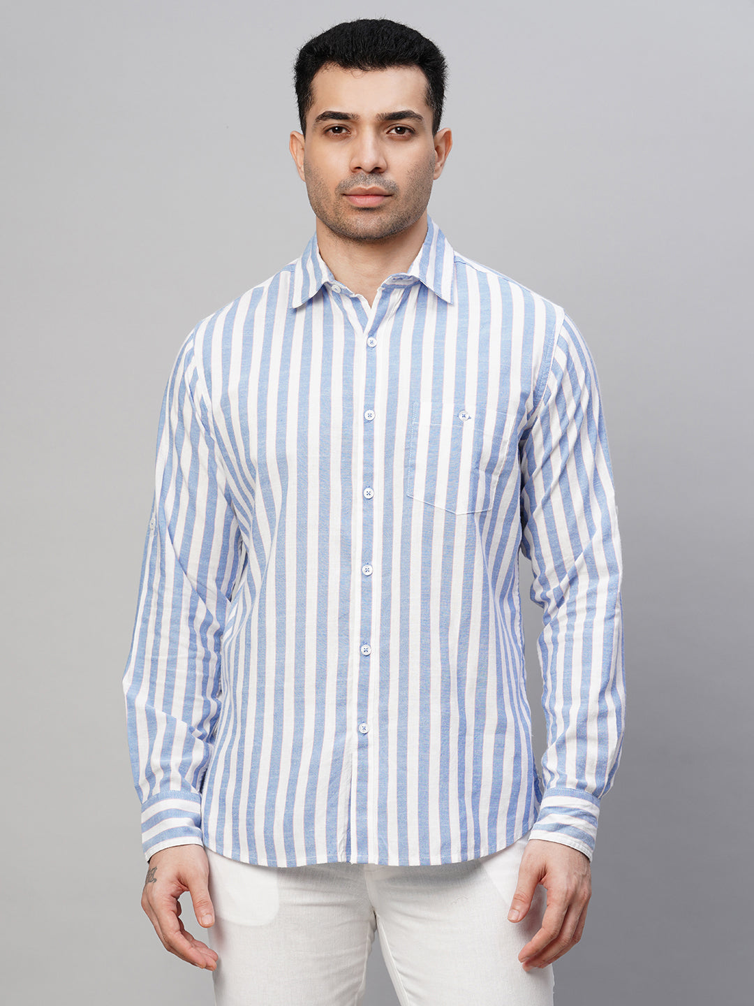 Men's Blue/White Cotton Viscose Regular Fit Shirt