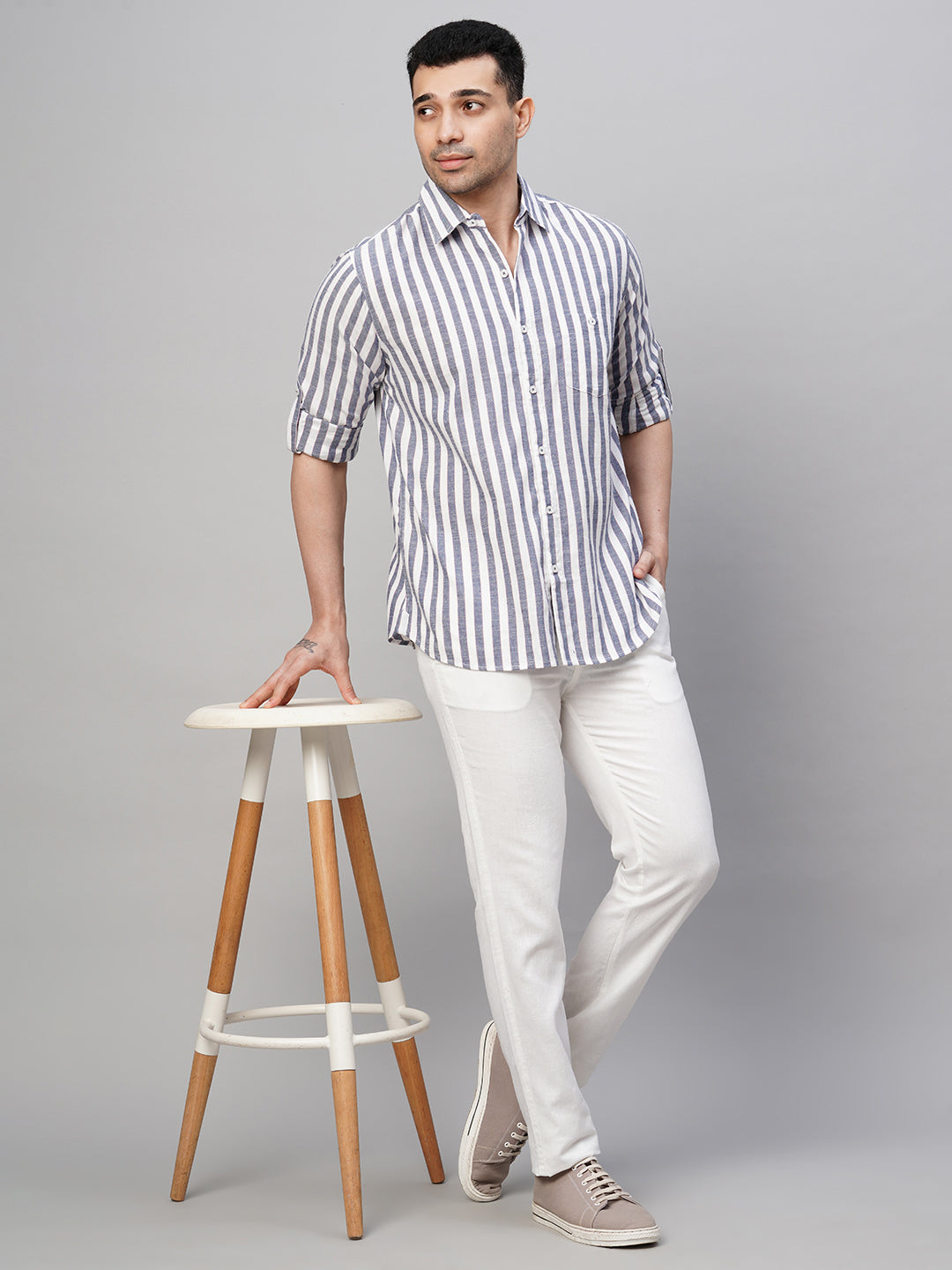 Men's Cotton Viscose Navy/White Regular Fit Shirt