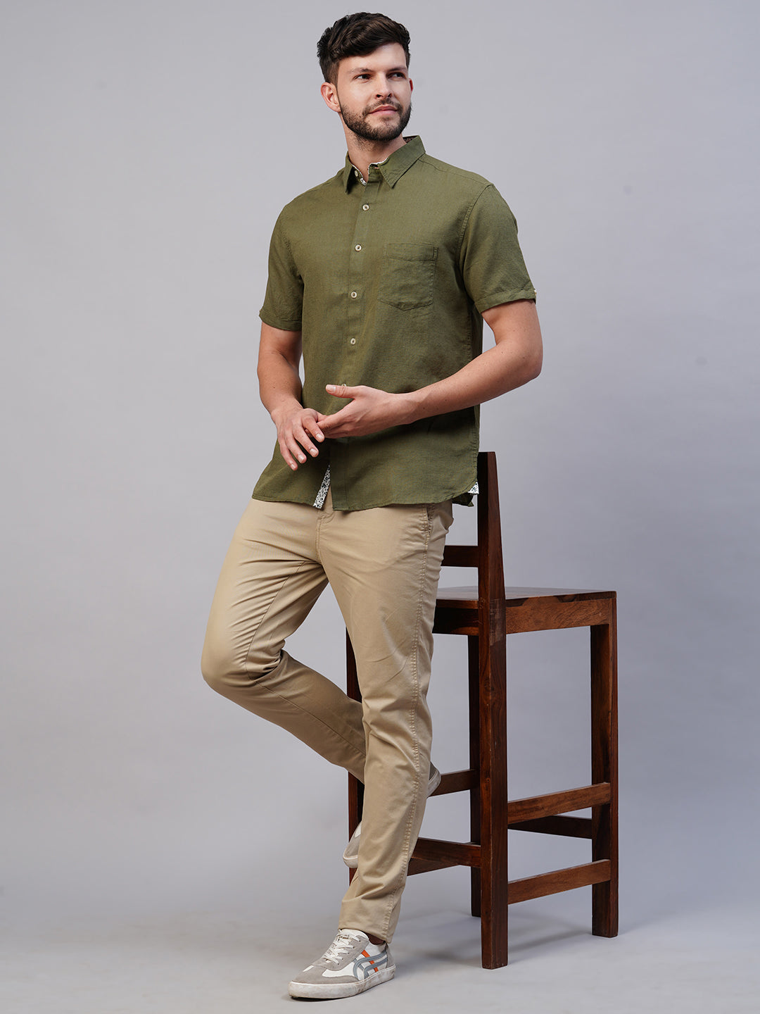Men's Linen Cotton Olive Regular Fit Shirt