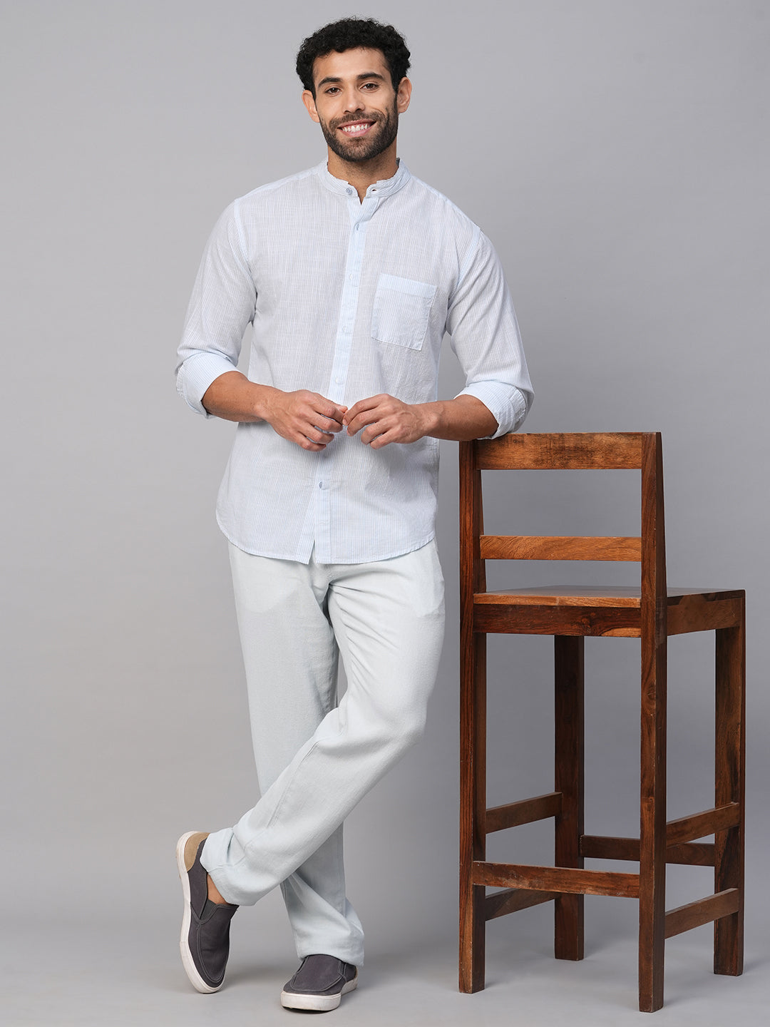 Men's White/Sky Cotton Regular Fit Striped Shirt