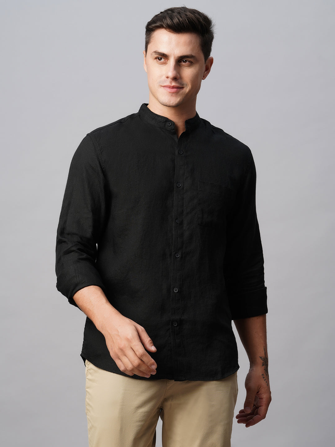Men's Black 100% Linen Regular Fit Band Collared Long Sleeved Shirt