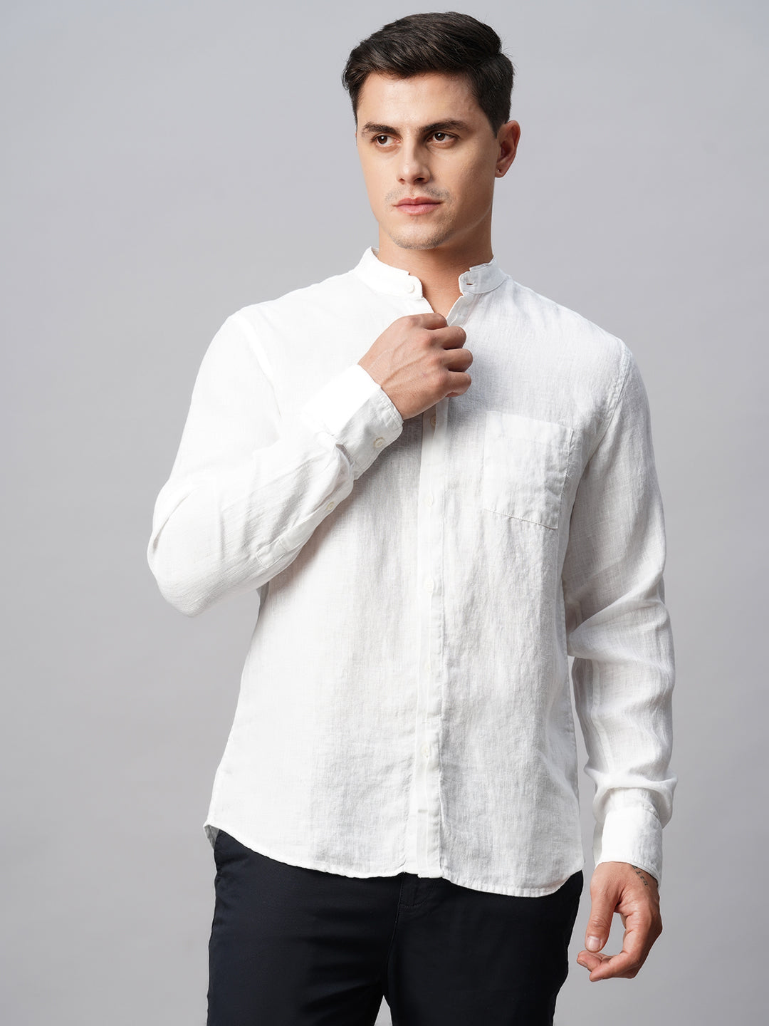 Men's 100% Linen White Band Collared Regular Fit Band Collared Shirt