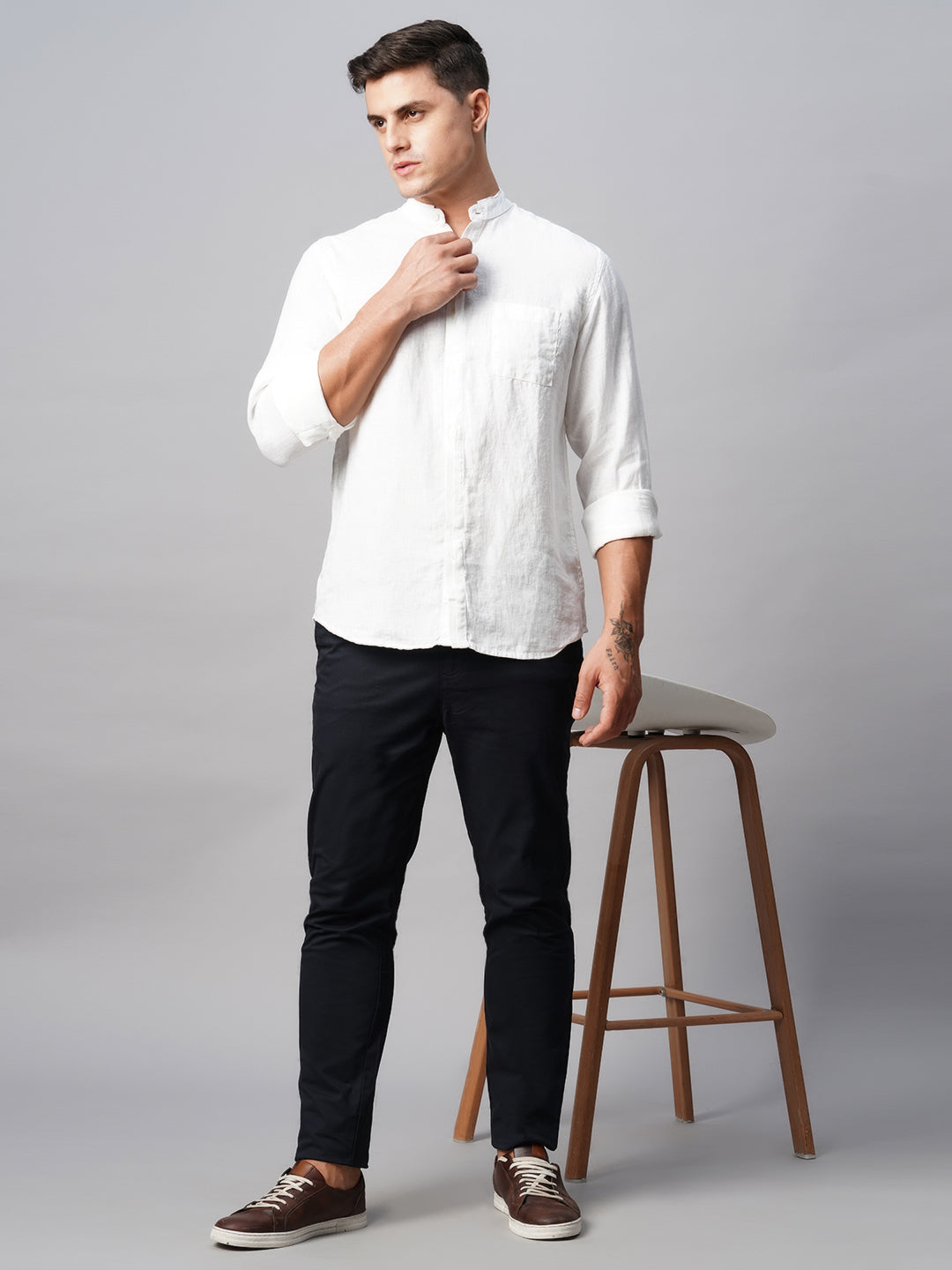 Men's 100% Linen White Band Collared Regular Fit Band Collared Shirt