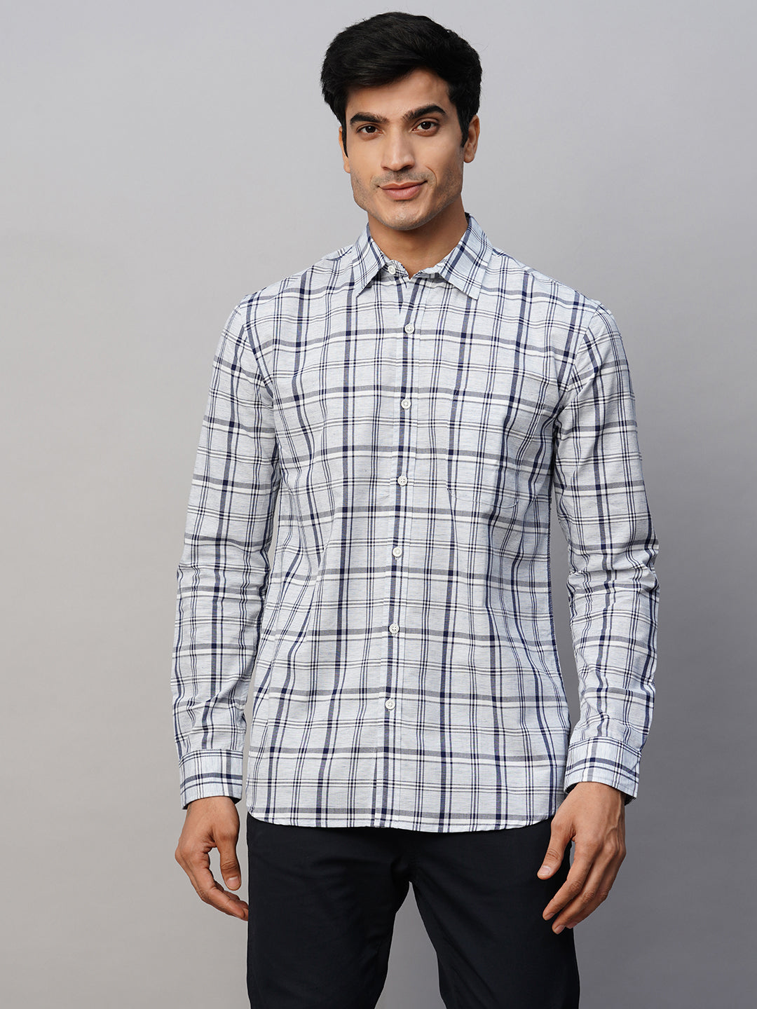 Men's Blue Linen Cotton Lyocell Regular Fit Checked Shirt
