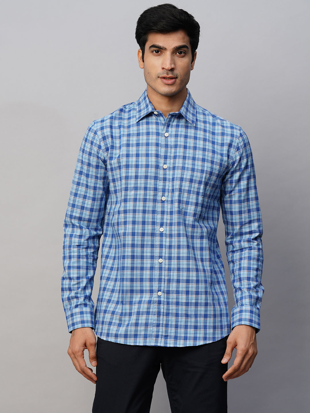 Men's Blue Cotton Regular Fit Checked Shirt