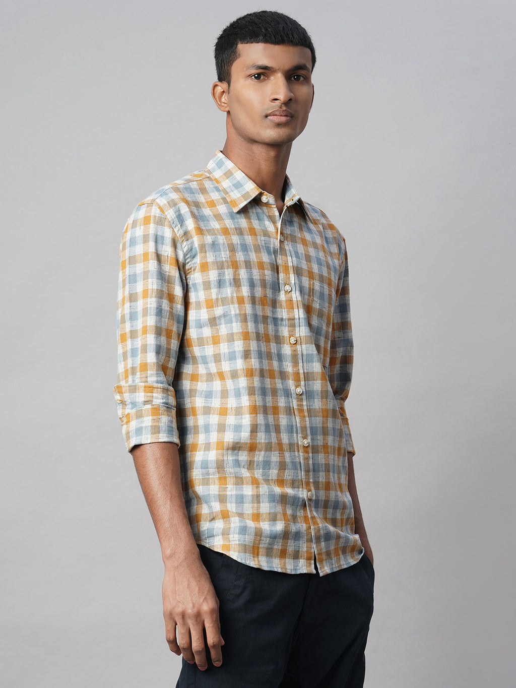 Men's Mustard Cotton Linen Regular Fit Shirt