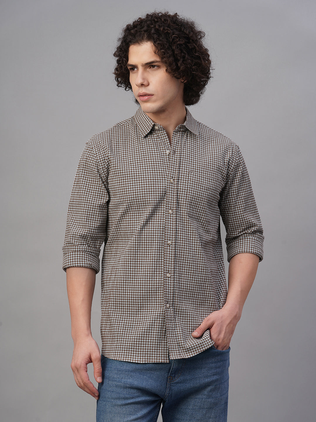 Men's Sky/Olive Cotton Lycra Regular Fit Shirt