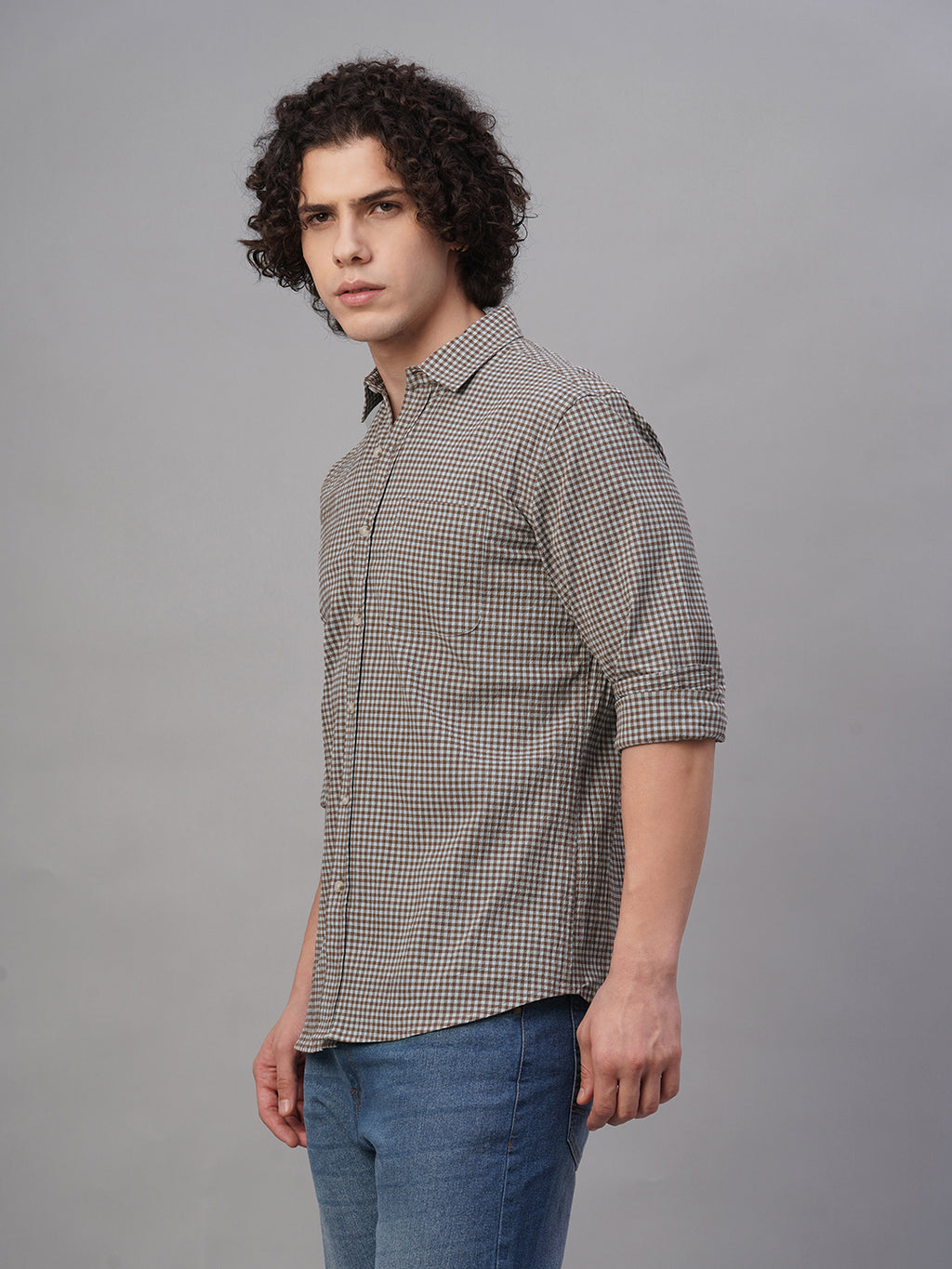 Men's Sky/Olive Cotton Lycra Regular Fit Shirt