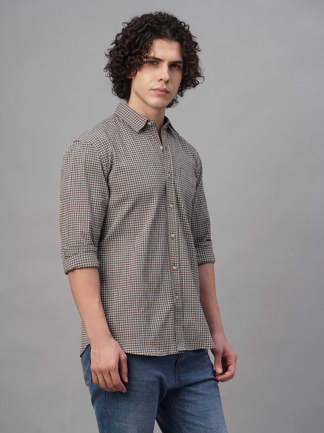 Men's Sky/Olive Cotton Lycra Regular Fit Shirt