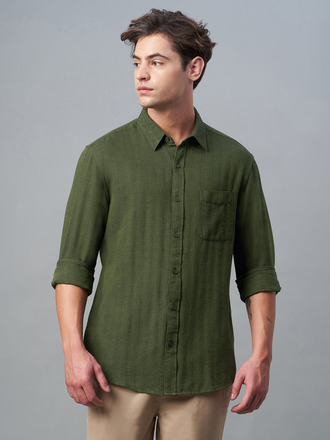 Men's Olive 100% Cotton Regular Fit Shirt
