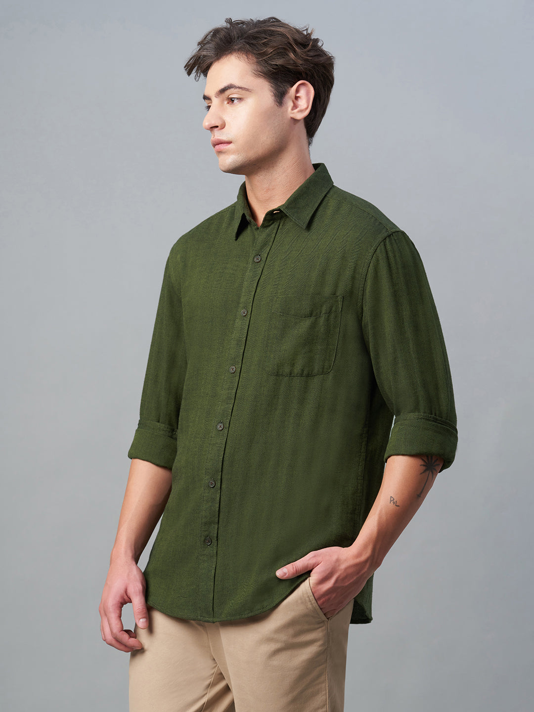 Men's Olive 100% Cotton Regular Fit Shirt