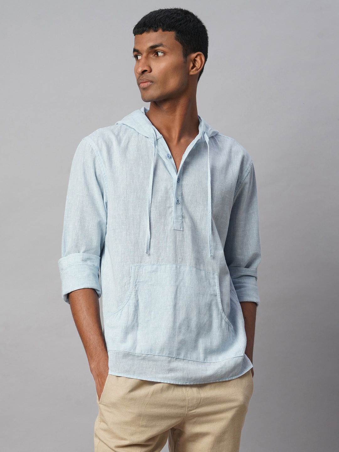Men's Blue Cotton Linen Regular Fit Shirt