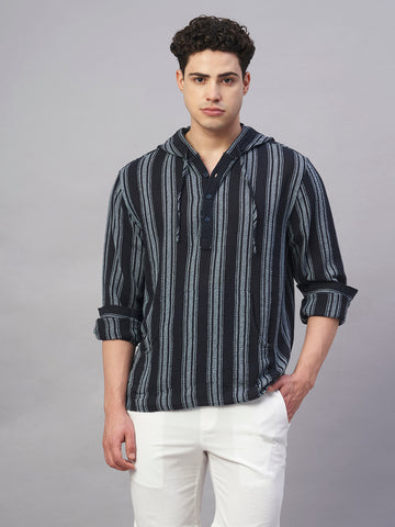 Men’s Cotton Regular Fit Hooded Stripe Shirt Navy