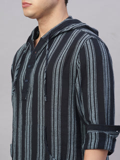 Men’s Cotton Regular Fit Hooded Stripe Shirt Navy