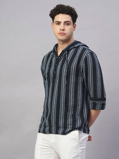 Men’s Cotton Regular Fit Hooded Stripe Shirt Navy