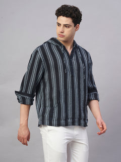 Men’s Cotton Regular Fit Hooded Stripe Shirt Navy