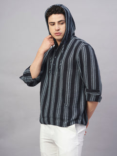 Men’s Cotton Regular Fit Hooded Stripe Shirt Navy